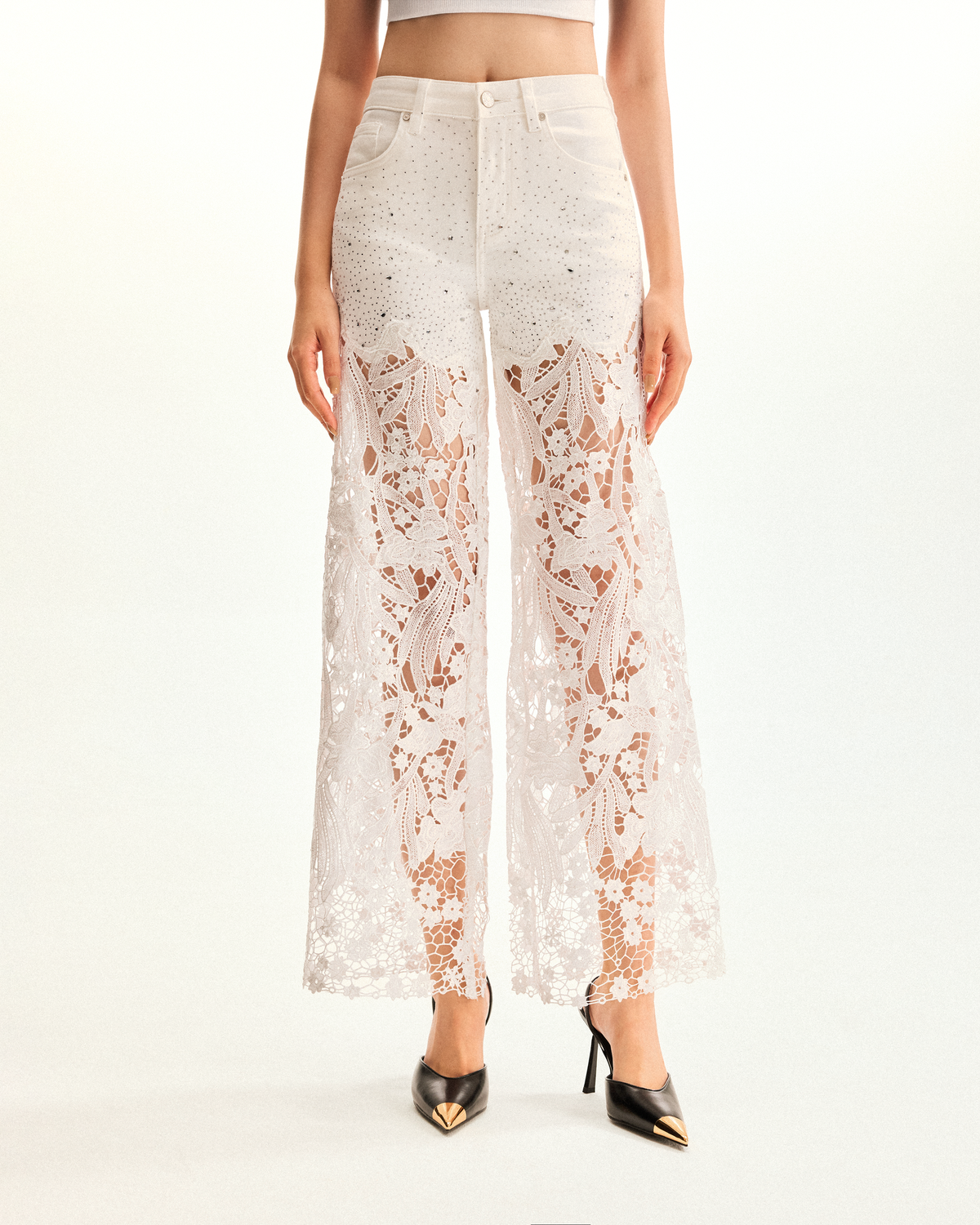 Embroidery High Rise Wide Leg Lace Denim Jeans With Rhinestone - White - view 1