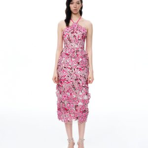 Fiora Halter Neck Floral Embroidered Maxi Dress - Rose Red - view 1