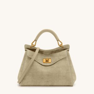 Lucia Classic Croc-Embossed Faux Suede Top Handle Bag - Light Beige