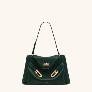 Rhea Pebbled Double Buckle Shoulder Bag - Dark Green