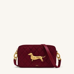 Riley Faux Suede Dachshund Quilted Shoulder Bag - Burgundy