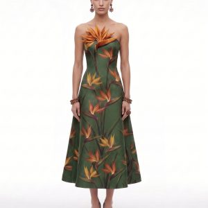 Bird of Paradise Appliqué Strapless A-Line Midi Dress - Green