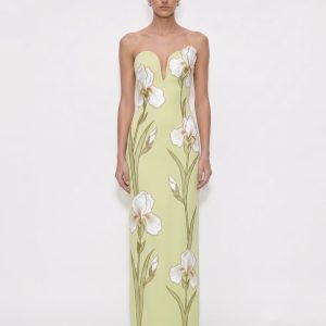 Iris Embroidered Notch Neck Strapless Maxi Dress - Light Green