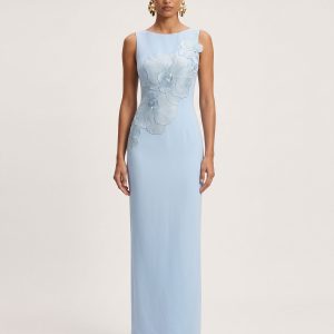Orchid Embroidered Crew Neck Fitted Maxi Dress - Light Blue - view 1