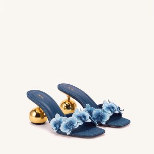 Celia Orchid Embroidered Sphere Heel Mules - Denim Blue