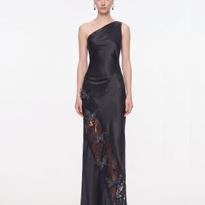 Lace Panel One-Shoulder Satin Maxi Dress - Black - view 1