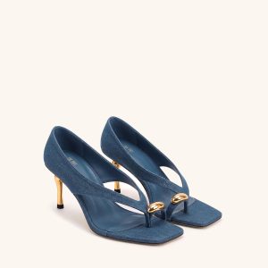 Noemi Wide Strap Square-Toe Metal Accent Sandals - Denim Blue