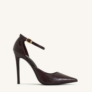 Leah Croc-Embossed Ankle Strap Heels - Burgundy - view 1