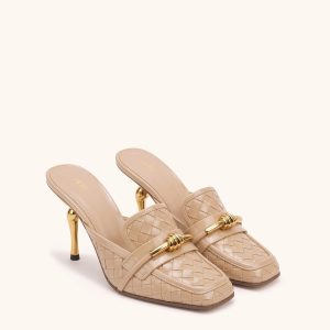 Lena Metal Rope Knot Woven Square Toe Mules - Nude