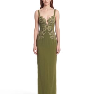 3D Leaf Strappy Column Maxi Dress - Olive Green