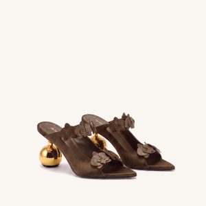 Rosalie Orchid Appliqué Sphere Heel Mules - Brown