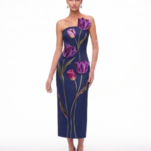 Tulip Appliqué Strapless Column Midi Dress - Navy