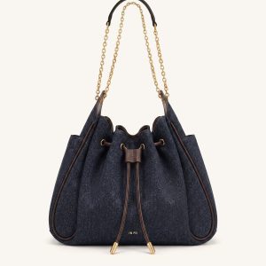Rowan Ruched Drawstring Chain Bucket Bag - Black Blue Denim
