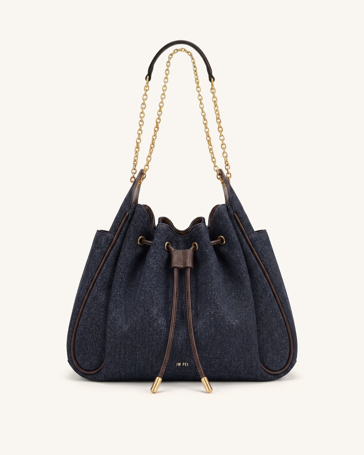 Rowan Ruched Drawstring Chain Bucket Bag - Black Blue Denim