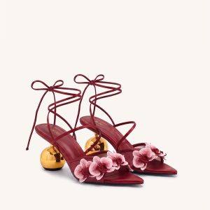 Celia Orchid Embroidered Sphere Heel Lace-Up Sandals - Burgundy