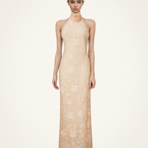 Uliana Pink Beige Floral Lace Halterneck Maxi Dress - Pink Beige - view 1