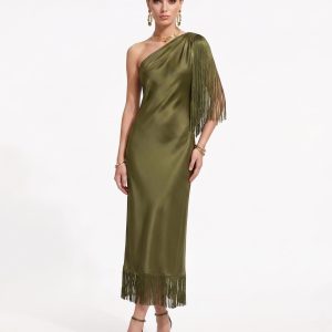 One Shoulder Fringe Midi Dress - Olive Green