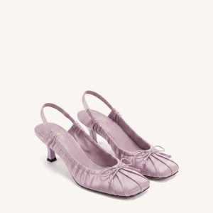 Solenne Satin Bow Ruched Slingback Pumps - Purple