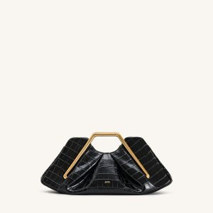 Lila Faux Croc-Effect Metal Frame Clutch - Black - view 1