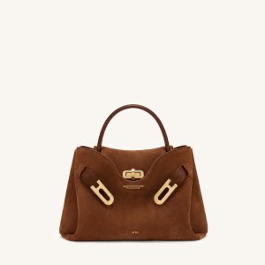 Rhea Small Faux Suede Double Buckle Shoulder Bag - Caramel Brown