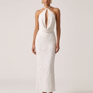 Orchid Beaded Embroidered Keyhole Cowl Halter Maxi Dress - White - view 1