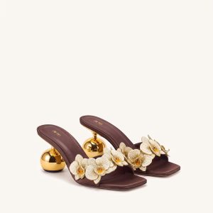 Celia Orchid Embroidered Sphere Heel Mules - Brown