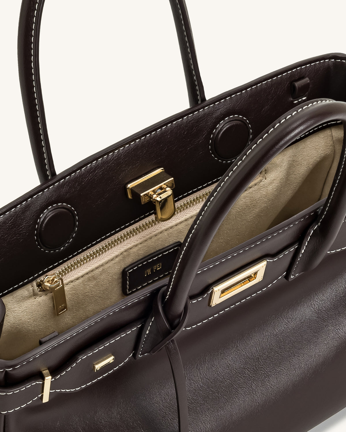 Ziva Metal Lock Decoration Tote Bag - Dark Brown - view 4