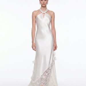 Lace Panel Halter Satin Maxi Dress - White