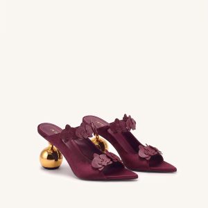 Rosalie Orchid Appliqué Sphere Heel Mules - Burgundy