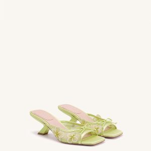 Mireille Bow Floral Embroidered Appliqué Mesh Heeled Sandals - Chartreuse