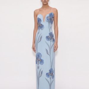 Iris Embroidered Notch Neck Strapless Maxi Dress - Light Blue