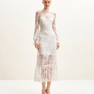 Elegant Lace Midi Dress - White - view 1