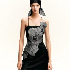 Orchid Appliqué Mini Dress - Black/Silver - view 1