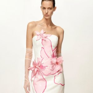 Mini Dress with Pink Floral Appliqués - White/Pink - view 1