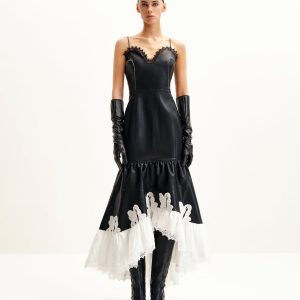 Zora Lace Trim Leather Dress - Black - view 1