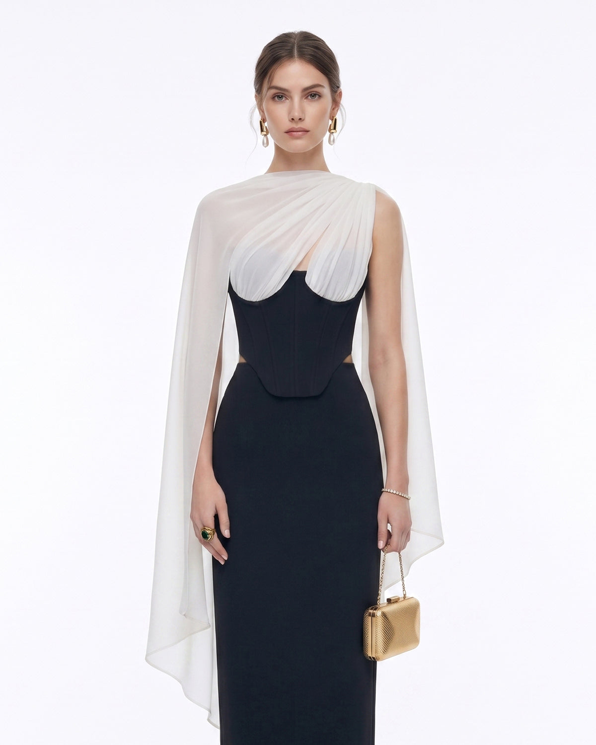 Strapless Corset Sheer Cape Top - Black & White - view 3