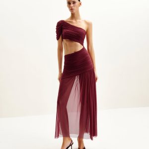 Mia Pleated Mesh Dress - Burgundy - view 1