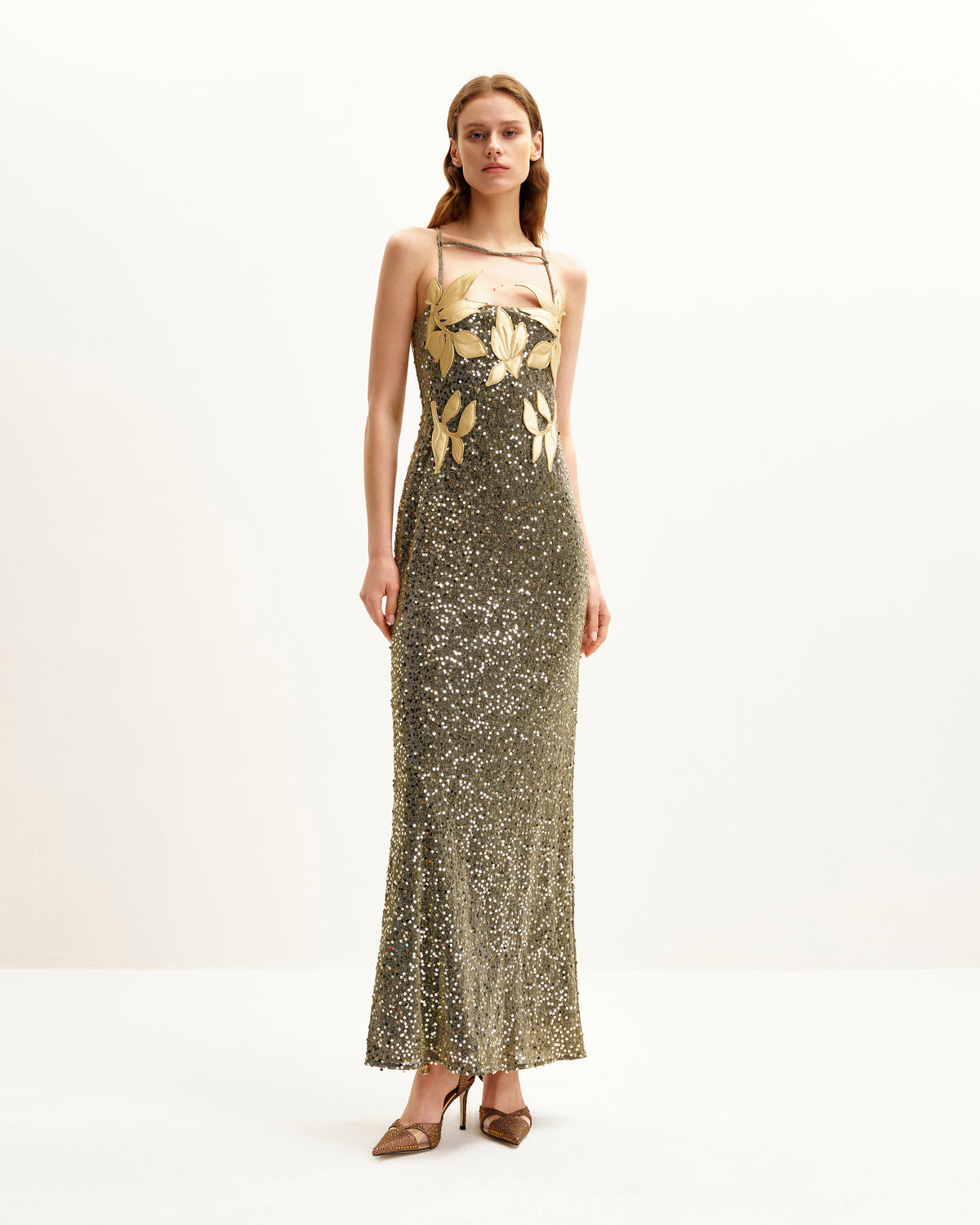 Araminta Sequined Gown with Floral Details - Gold - view 1