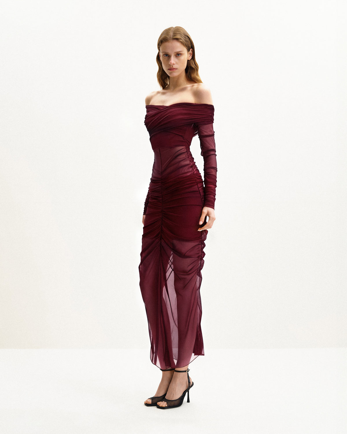 Emily Elegant Off-Shoulder Ruched Gown - Red - view 1