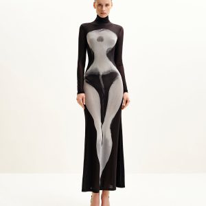 Eva Body Print Mesh Dress - Black and White - view 1