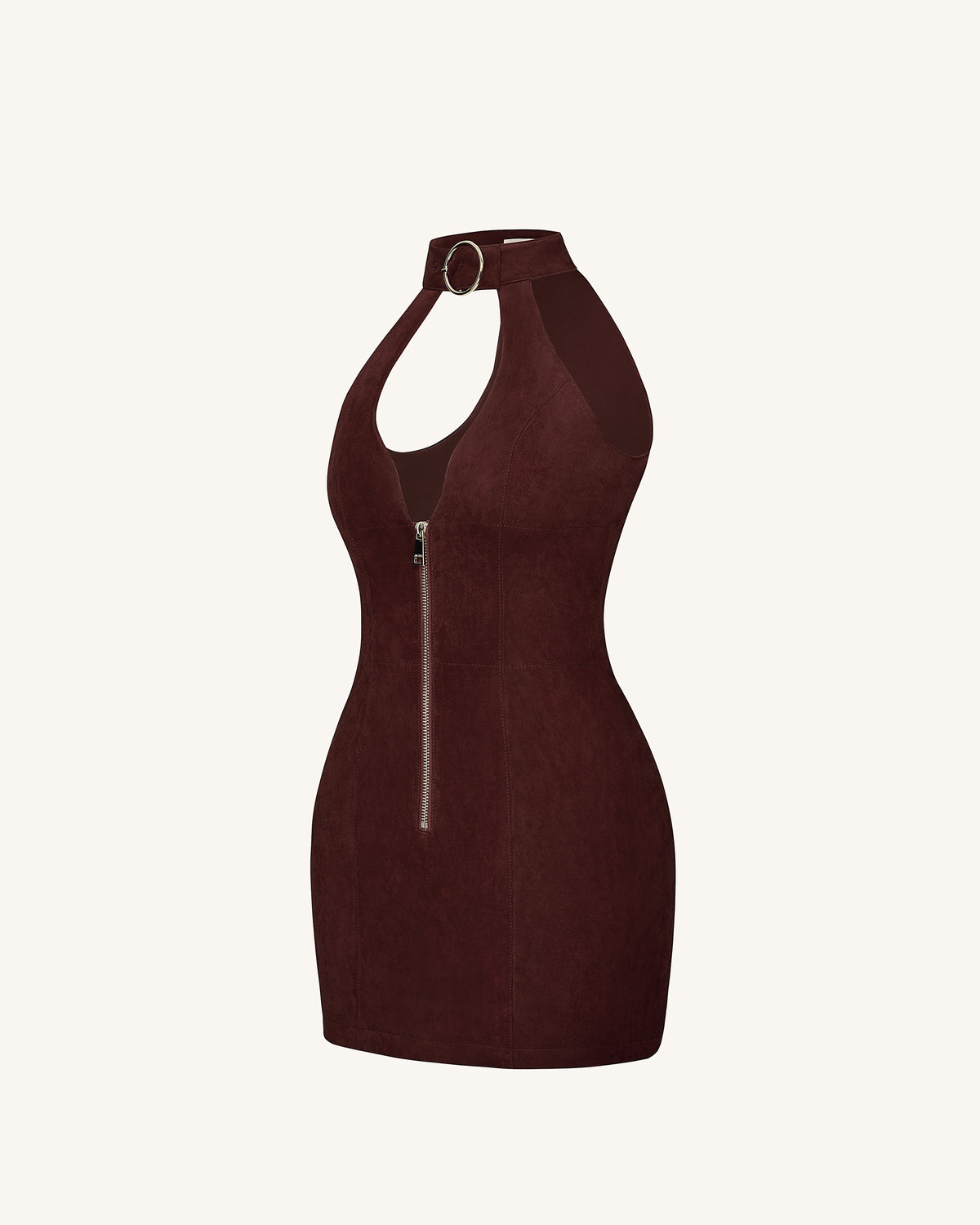 Ruby Halter Neck Zipper Mini Dress - Coffee Red - view 3