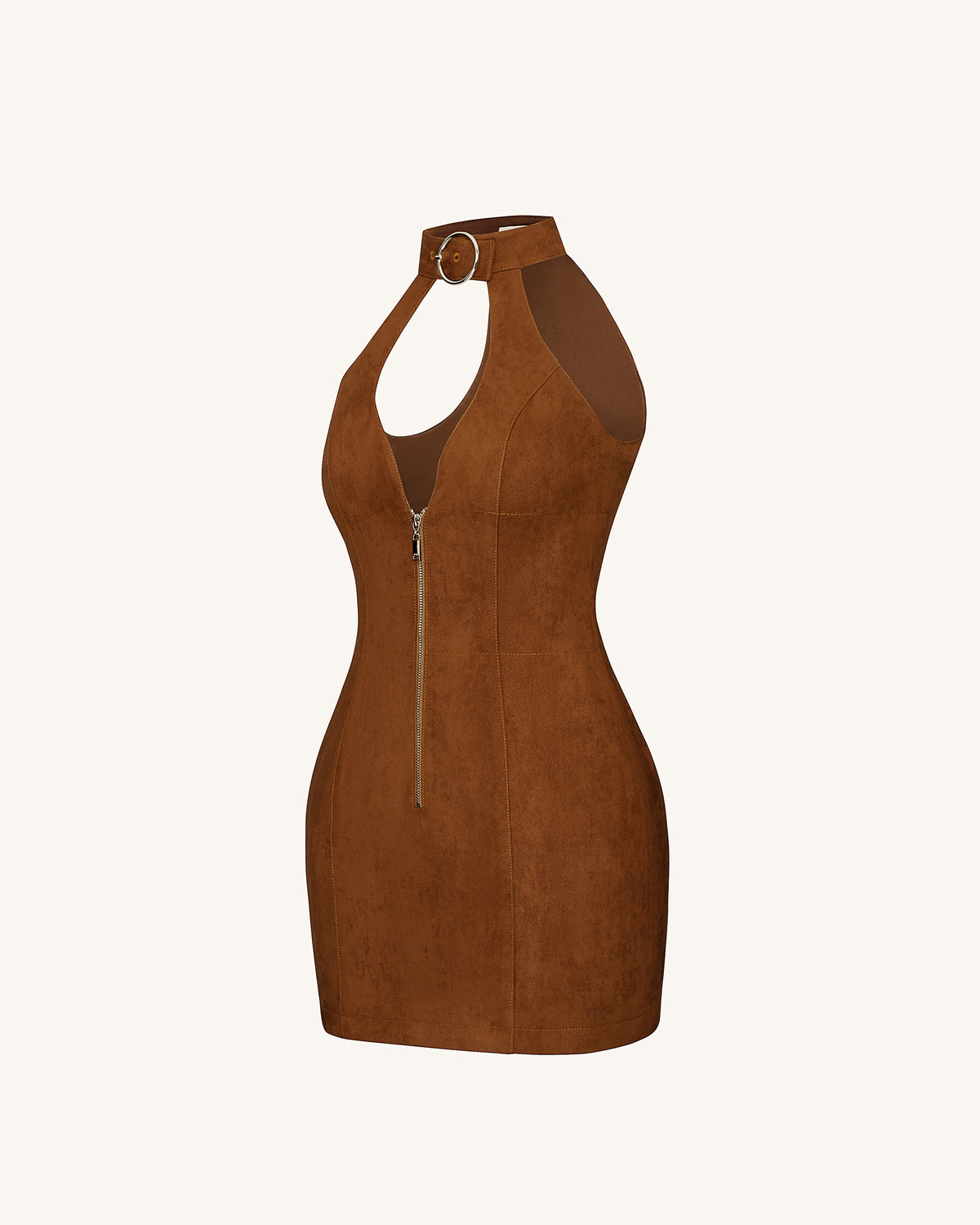 Ruby Halter Neck Zipper Mini Dress - Brown - view 4