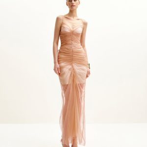 Piper Draped Mesh Evening Gown - Cinnamon - view 1