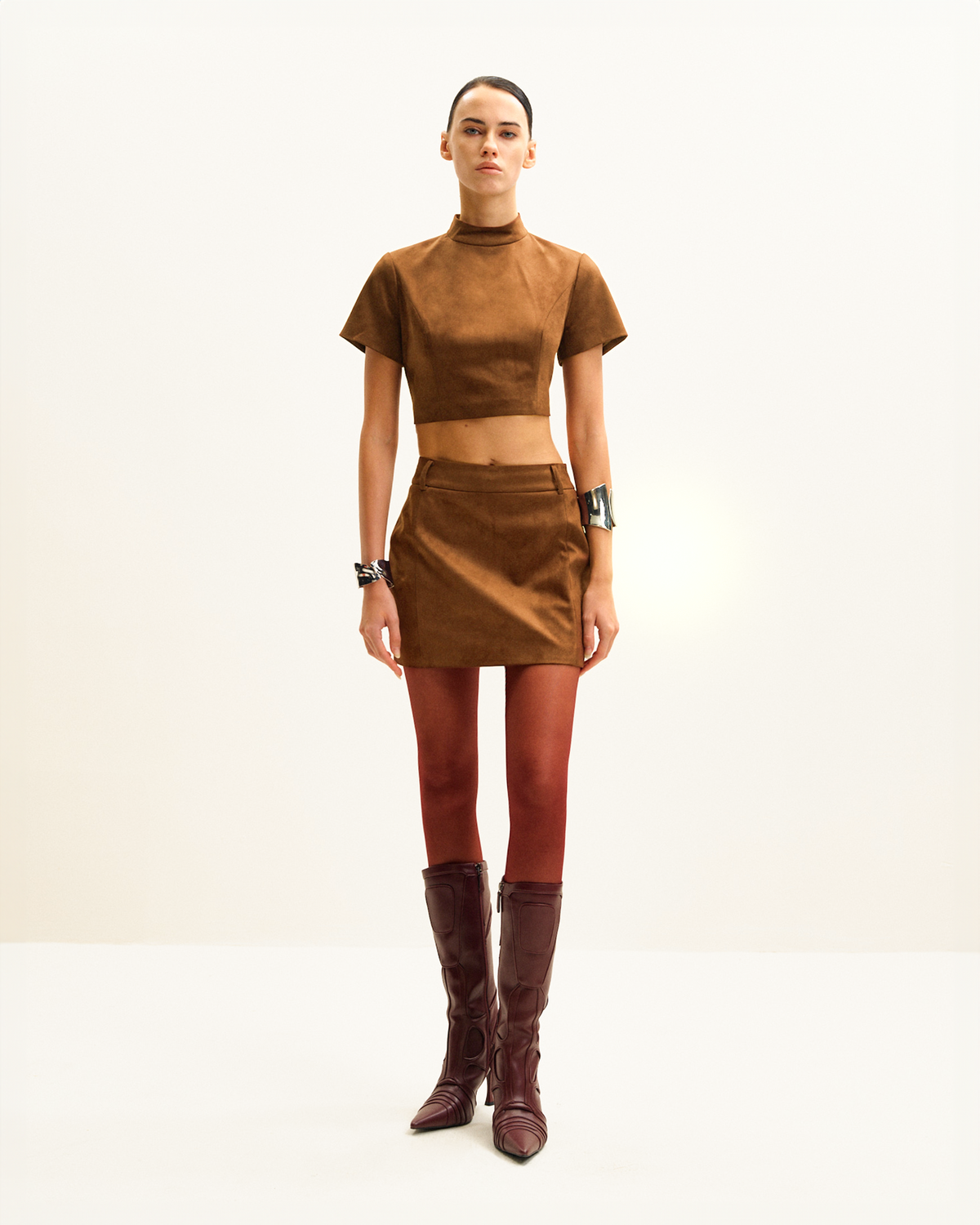 Grace Faux Suede Crop Top and Mini Skirt Set - Camel - view 1