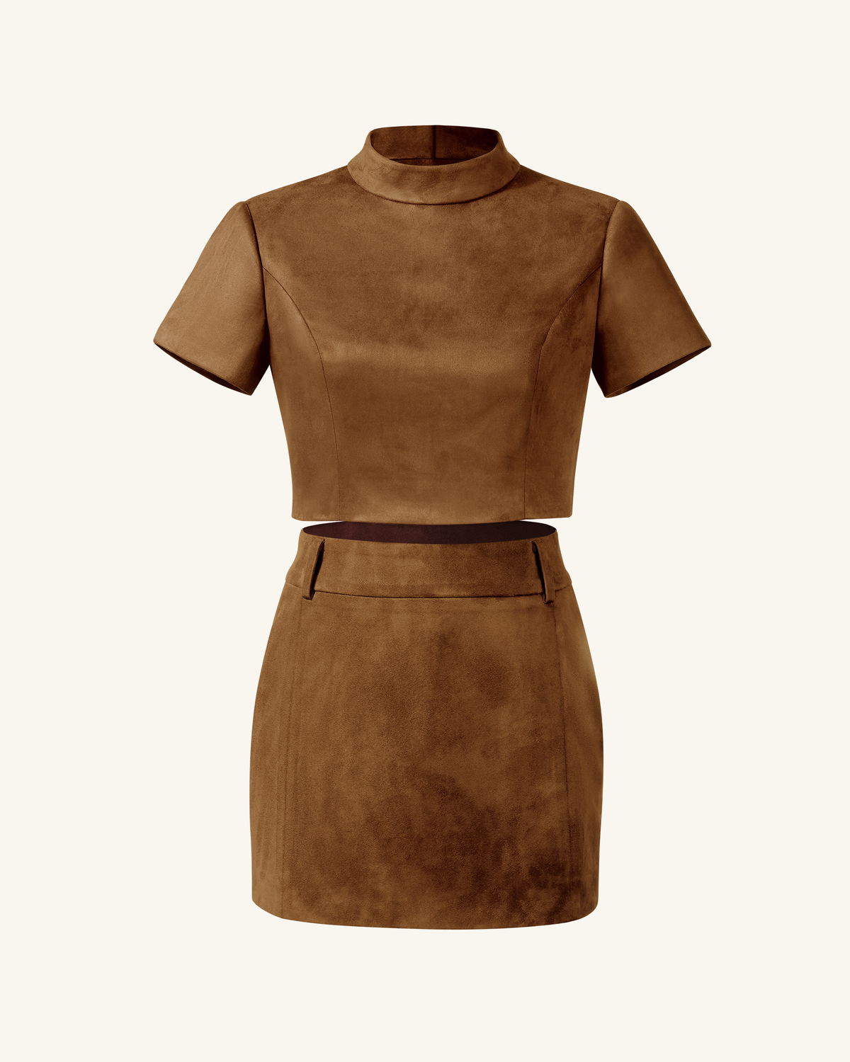Grace Faux Suede Crop Top and Mini Skirt Set - Camel - view 3