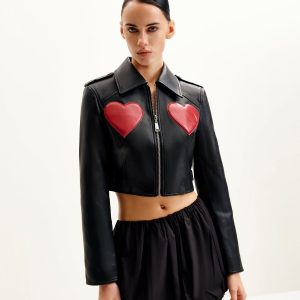 Sophie Cropped Leather Jacket - Black & Red - view 1