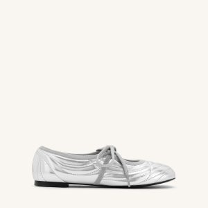 Erika Topstitching lace-up ballet Flats- Silver - view 1