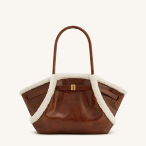 Hana Medium Faux Shearling Trim Tote Bag - Brown - view 1