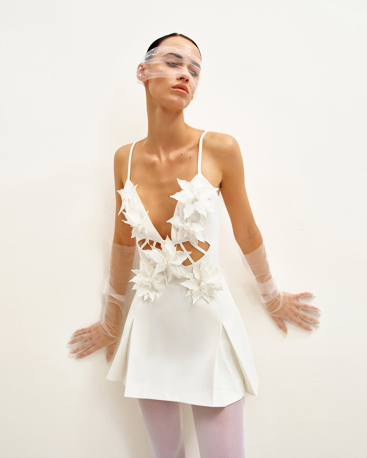 Yuliya White Floral Embellishment V-neckline Mini Dress - White - view 2