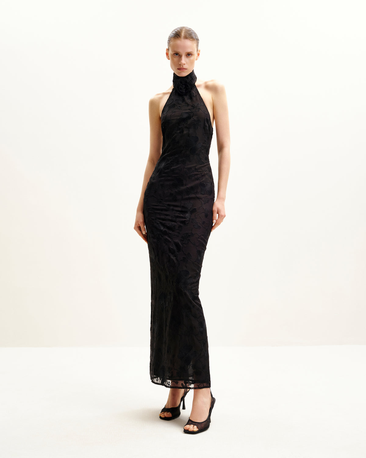 Uliana Black Floral Lace Halterneck Maxi Dress - Black - view 1
